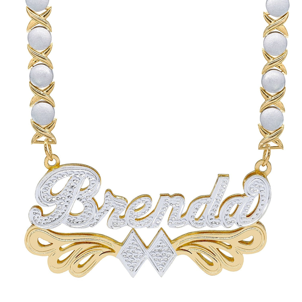 14K Gold over Sterling Silver / Rhodium Xoxo Chain Double Plated Name Necklace &quot;Brenda&quot; with Rhodium Xoxo Chain