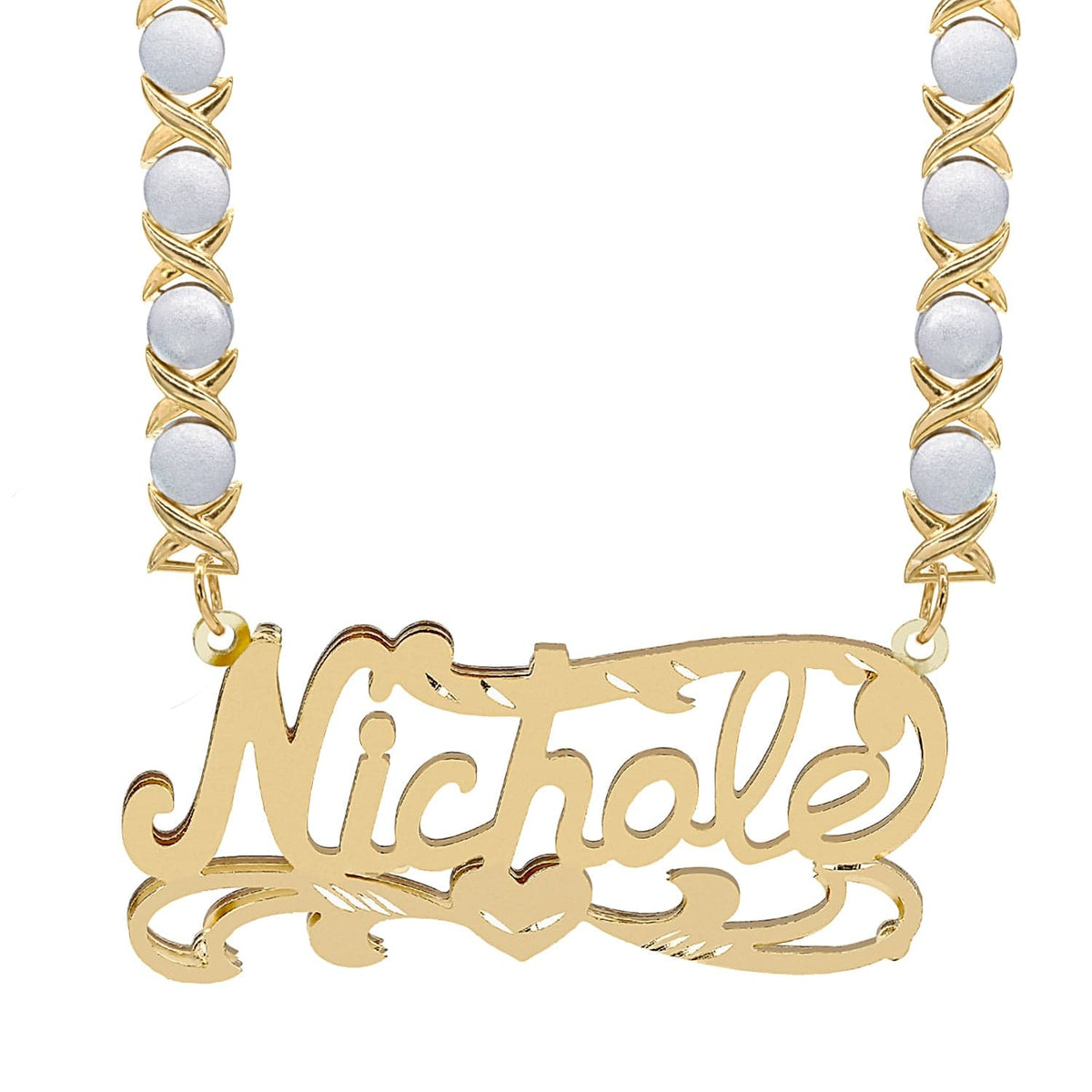 14K Gold over Sterling Silver / Rhodium Xoxo Chain Double Plated Name Necklace w/ Diamond-cut and Rhodium Xoxo Chain