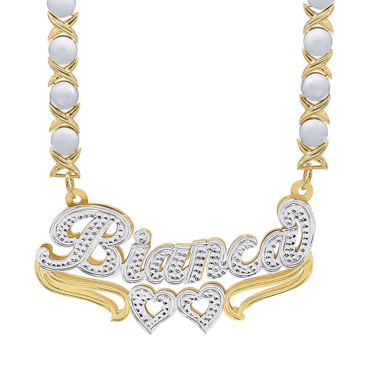 14K Gold over Sterling Silver / Rhodium Xoxo Chain Double Plated Nameplate Necklace &quot;Bianca&quot; with Rhodium Xoxo Chain
