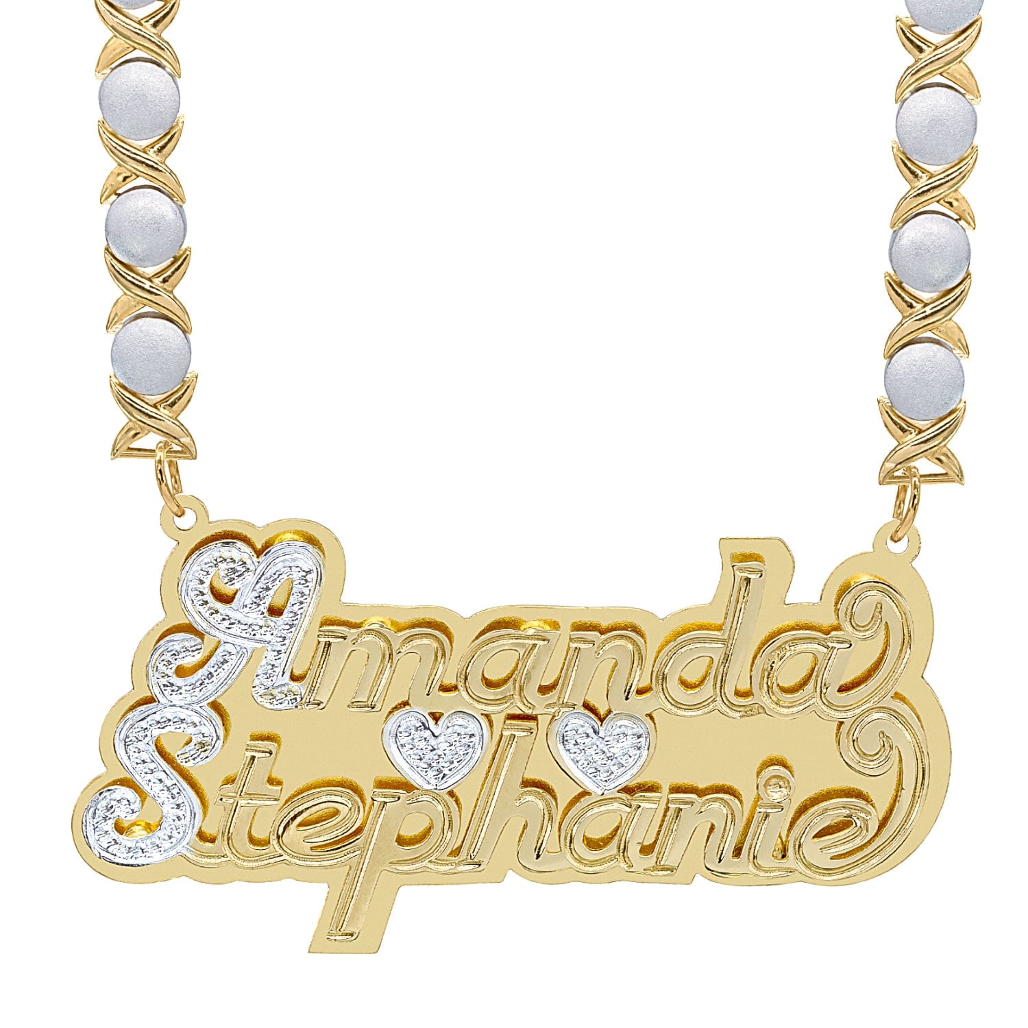 14k Gold over Sterling Silver / Rhodium Xoxo Chain Double Plated Nameplate Necklace "Couples" with Rhodium Xoxo Chain