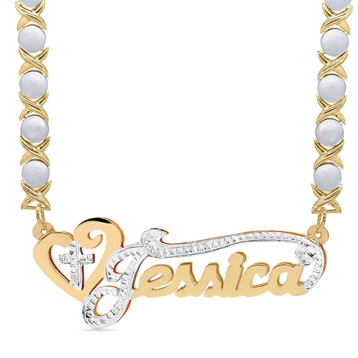 14k Gold over Sterling Silver / Rhodium Xoxo Chain Double Plated Nameplate Necklace &quot;Jessica&quot; with Rhodium Xoxo chain