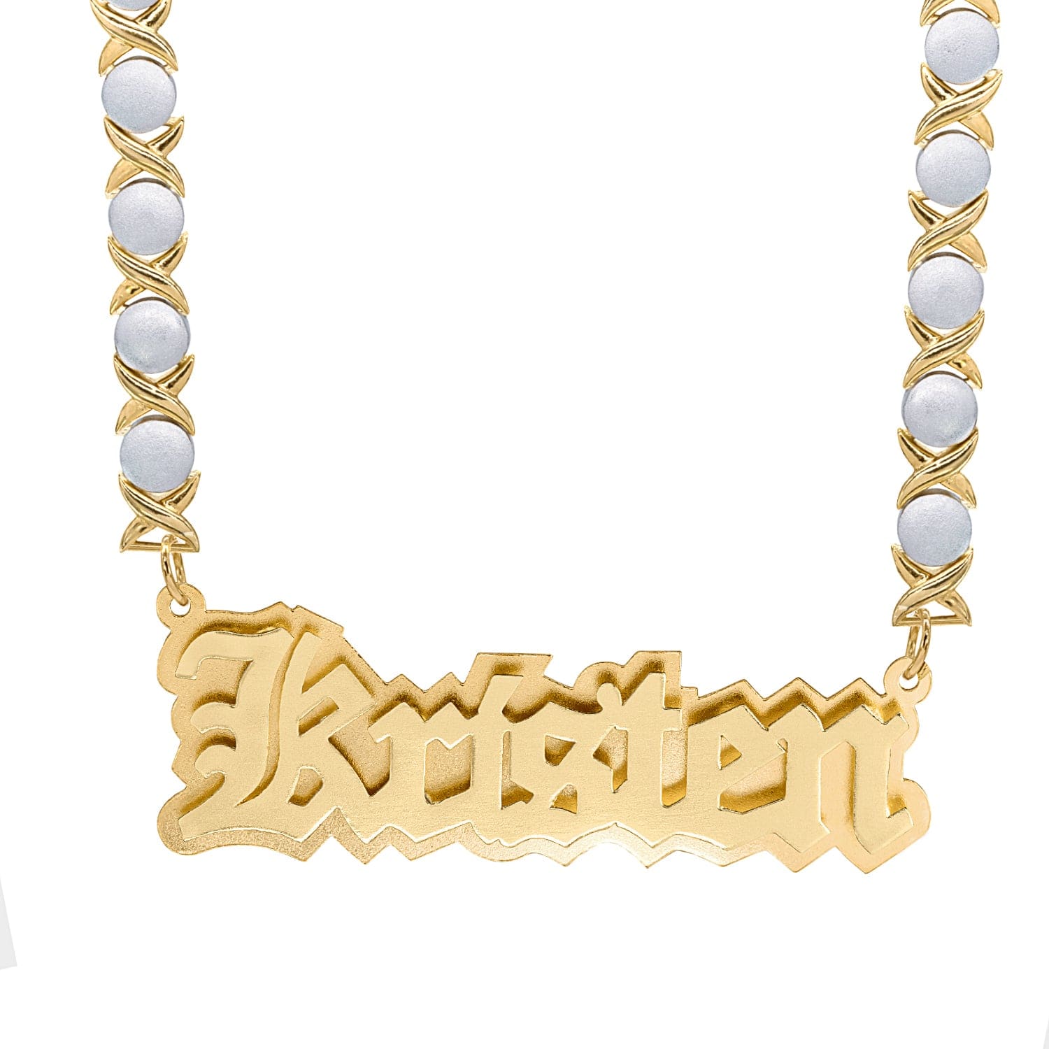 14k Gold over Sterling Silver / Rhodium Xoxo Chain Double Plated Nameplate Necklace "Kristen" With Rhodium Xoxo Chain