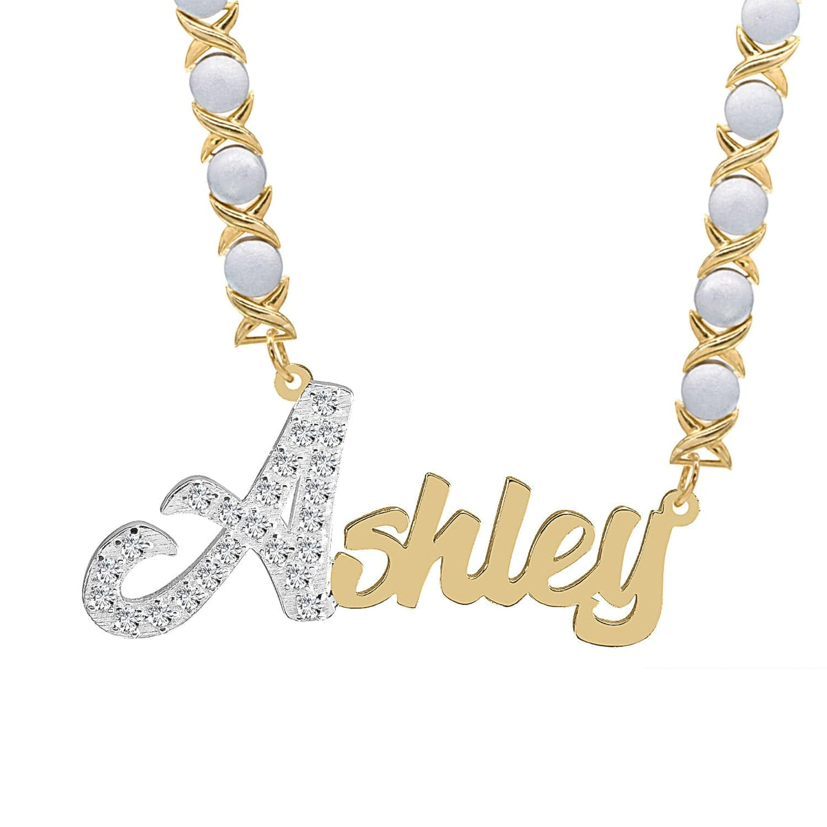 14k Gold over Sterling Silver / Rhodium Xoxo Chain Single Plated Nameplate Necklace &quot;Ashley&quot; with Stones