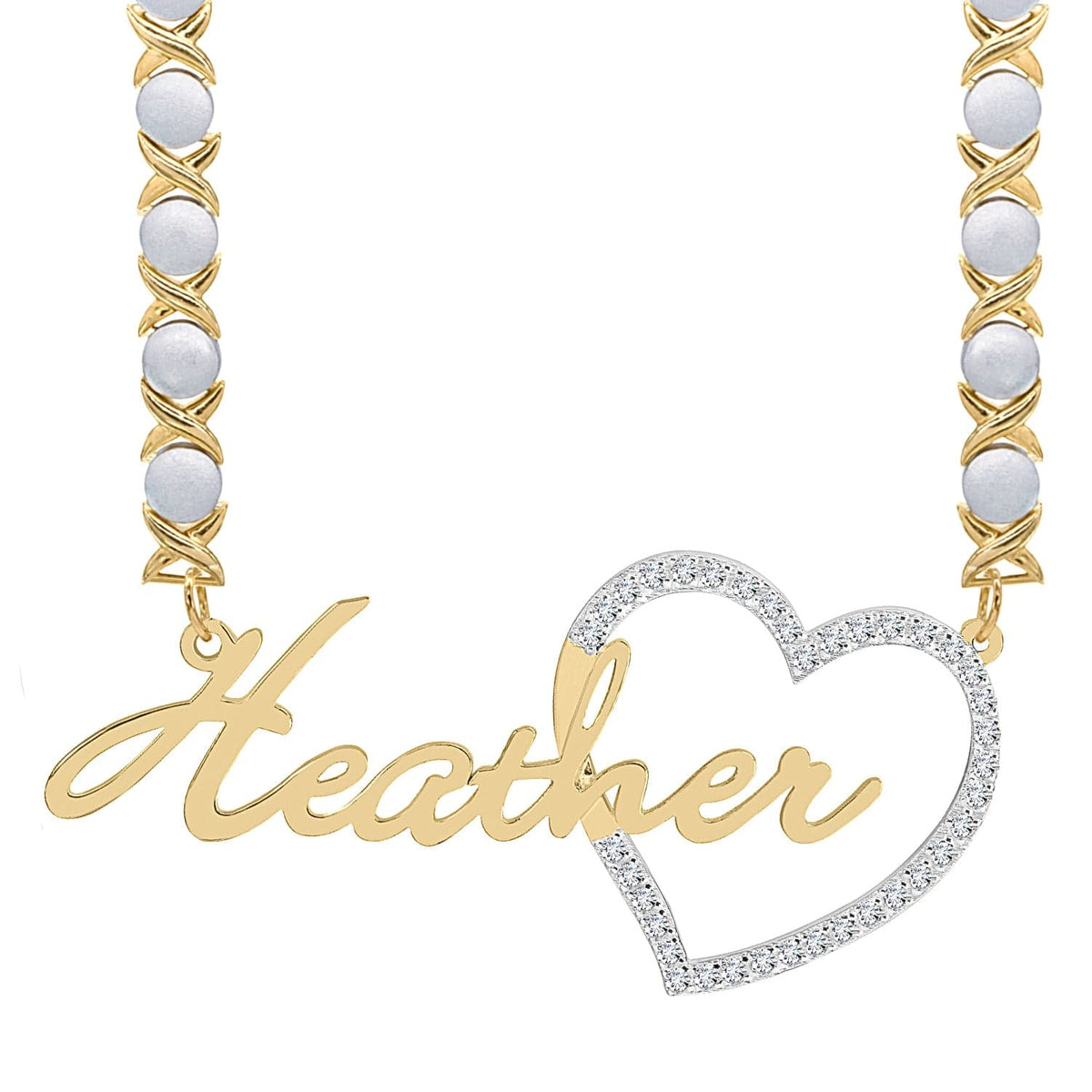 14k Gold over Sterling Silver / Rhodium Xoxo Chain Single Plated Nameplate Necklace &quot;Heather&quot; with Stones Heart