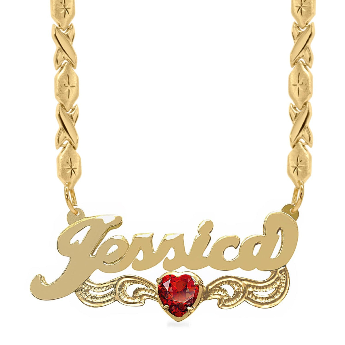 14k Gold over Sterling Silver / Xoxo Chain Birthstone Heart Rhodium &quot;Double&quot; Nameplate with Xoxo chain