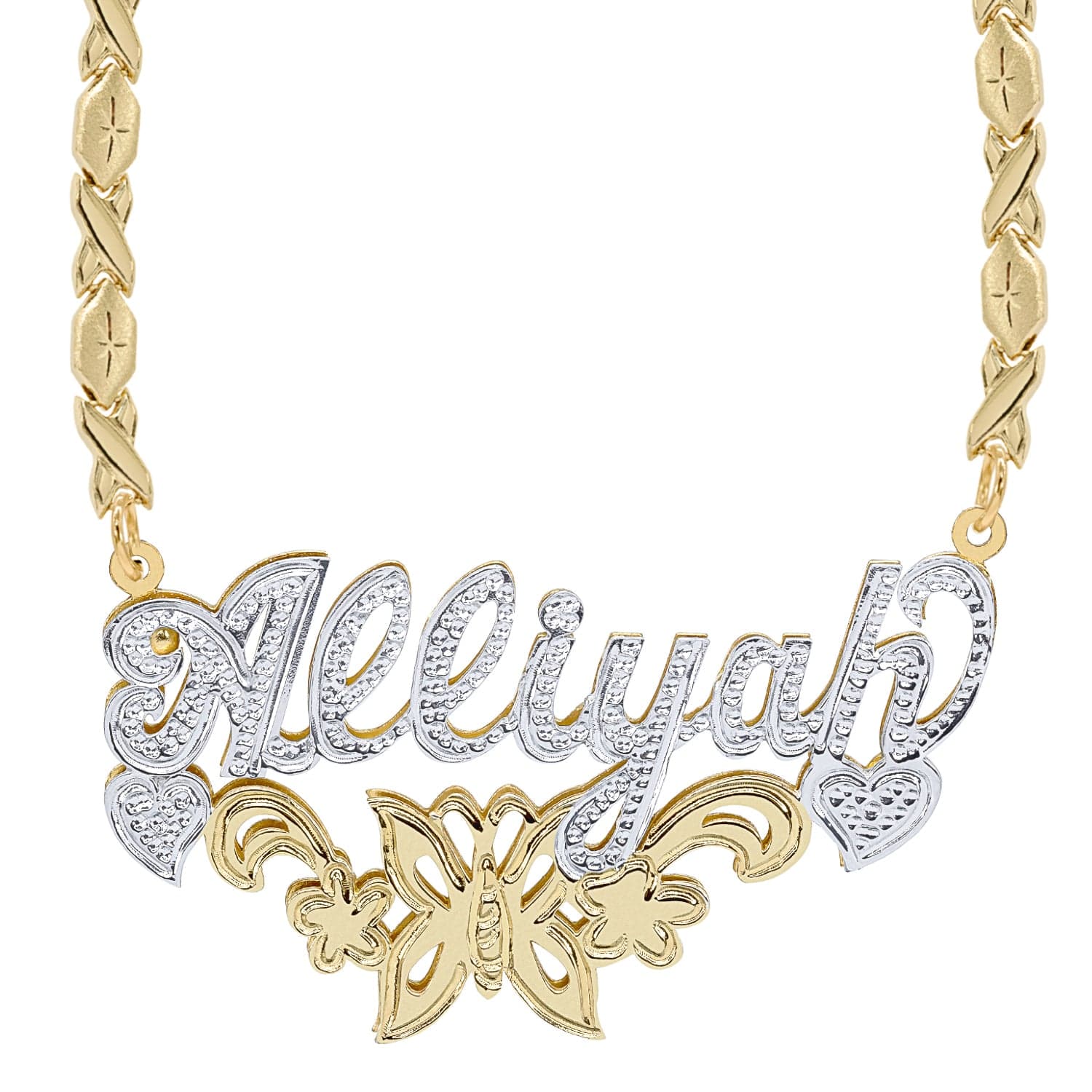 14K Gold over Sterling Silver / Xoxo Chain Butterfly Double Plated Name Necklace with Xoxo Chain