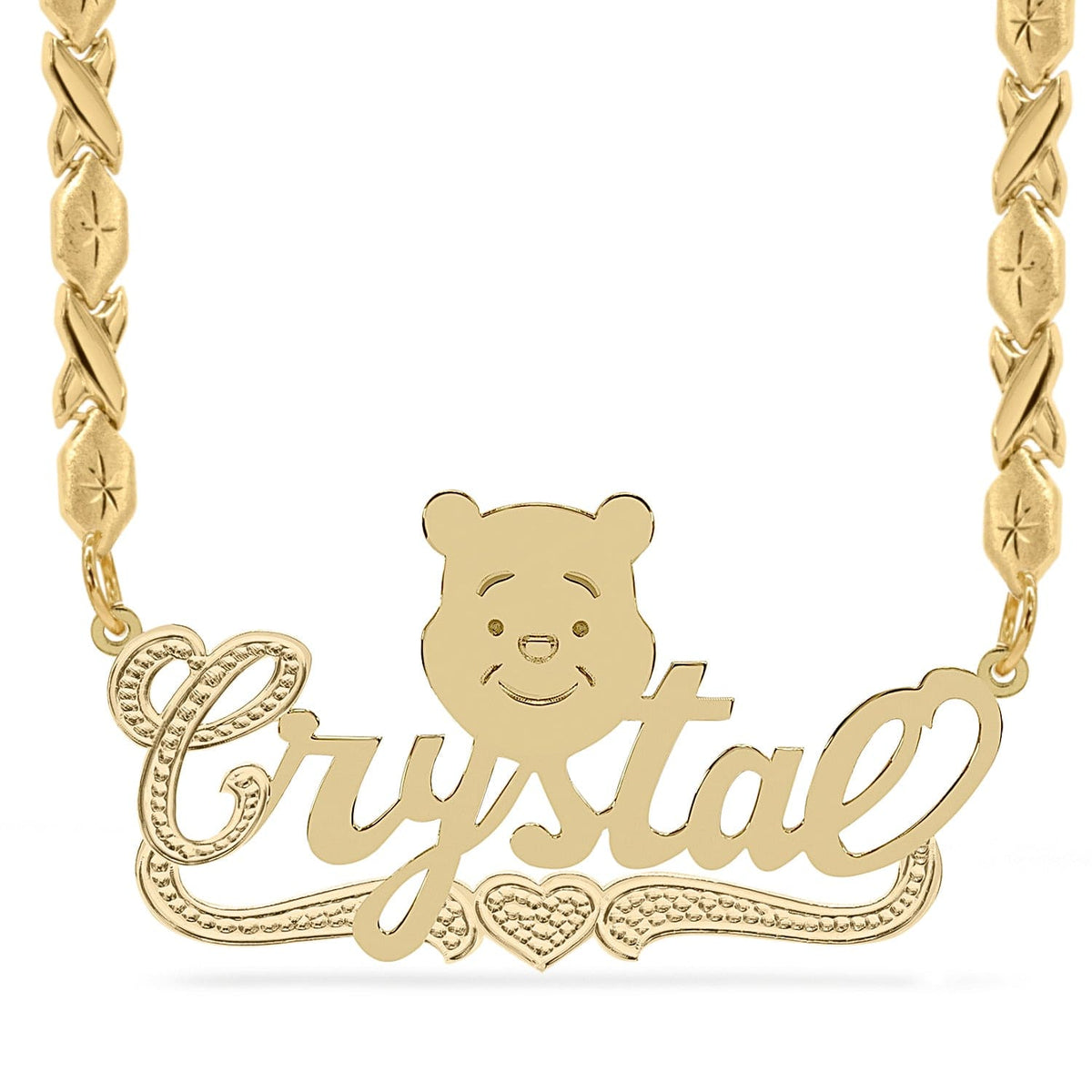 14k Gold over Sterling Silver / Xoxo Chain Cartoon Nameplate Necklace &quot;Crystal&quot;