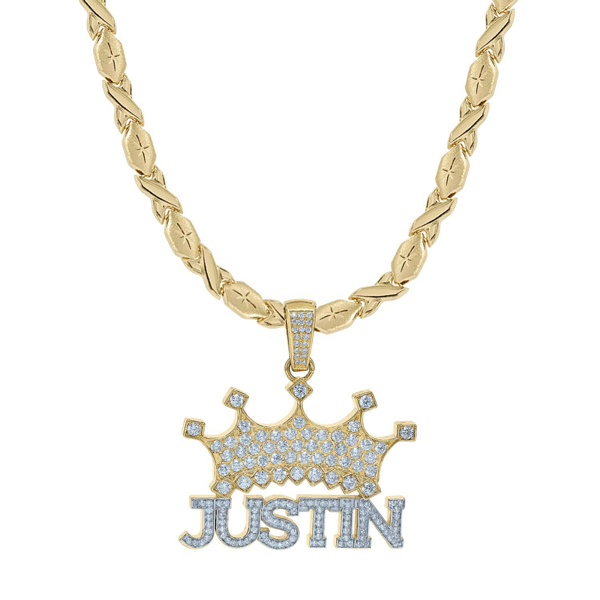 14k Gold over Sterling Silver / Xoxo Chain Copy of Personalized Double Nameplate Necklace with Crown &quot;Justin&quot;