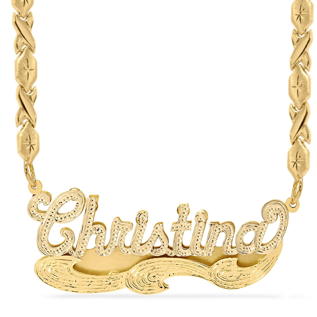 14k Gold over Sterling Silver / Xoxo Chain Double Name Necklace w/Beading-Rhodium &quot;Christina&quot;