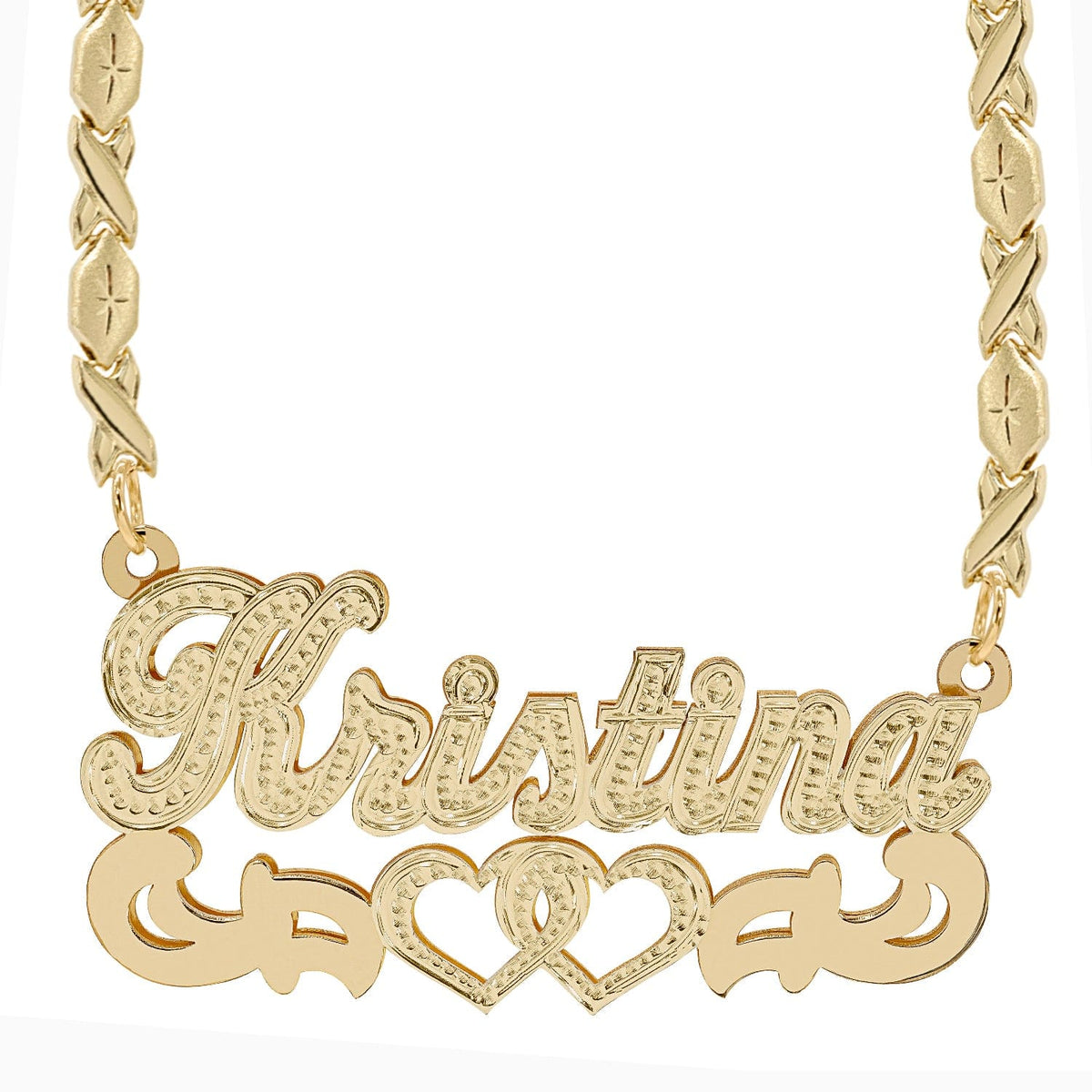 14k Gold over Sterling Silver / Xoxo Chain Double Nameplate Necklace &quot;Kristina&quot; with Xoxo chain