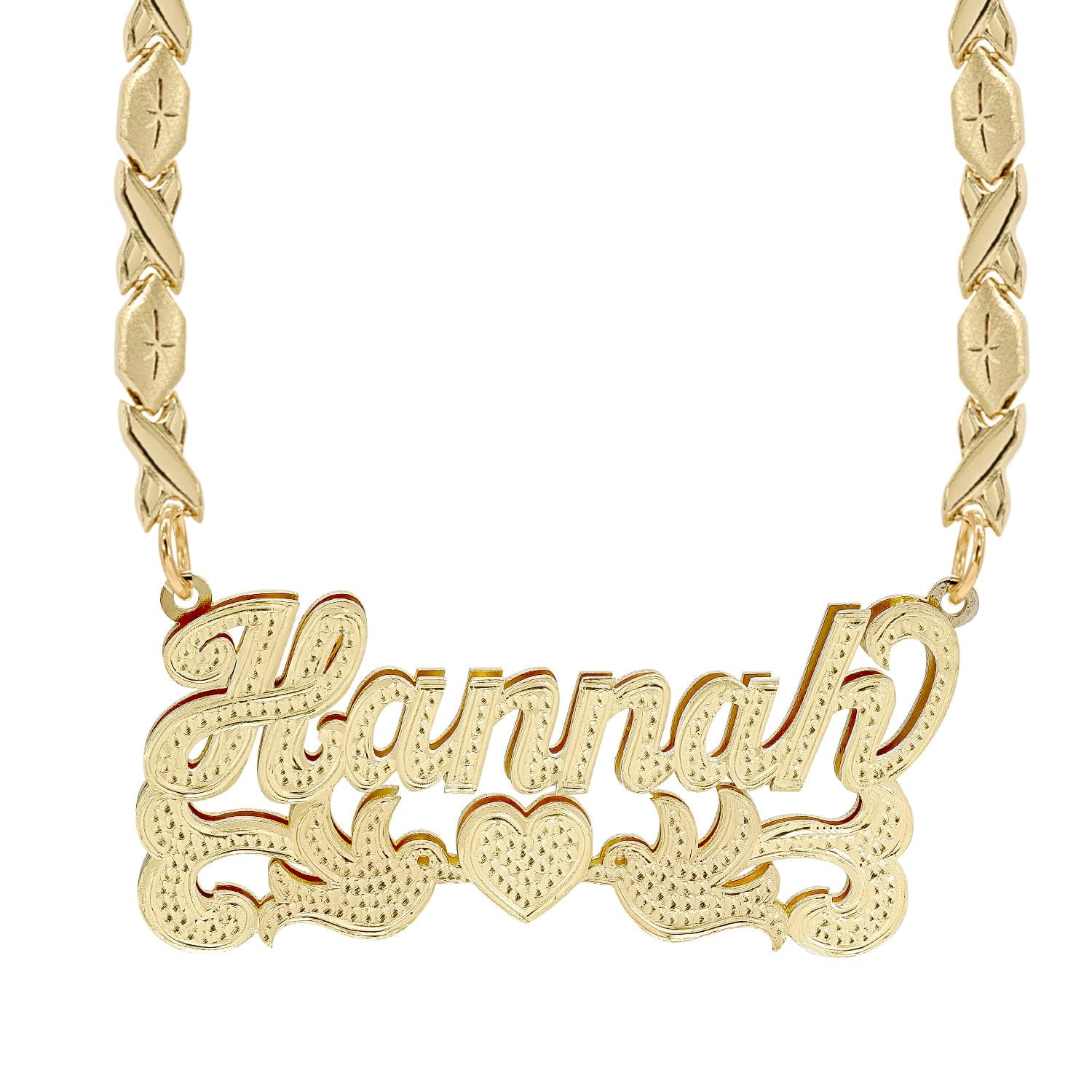Two-Tone. Sterling Silver / Xoxo Chain Double Nameplate Necklace w/ Love Birds "Hannah" with Xoxo chain