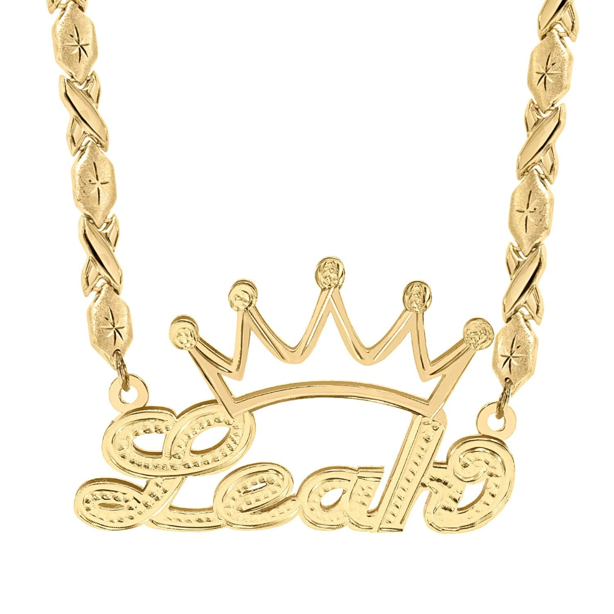 14k Gold over Sterling Silver / Xoxo Chain Double Nameplate Necklace with Crown &quot;Leah&quot; with Xoxo chain