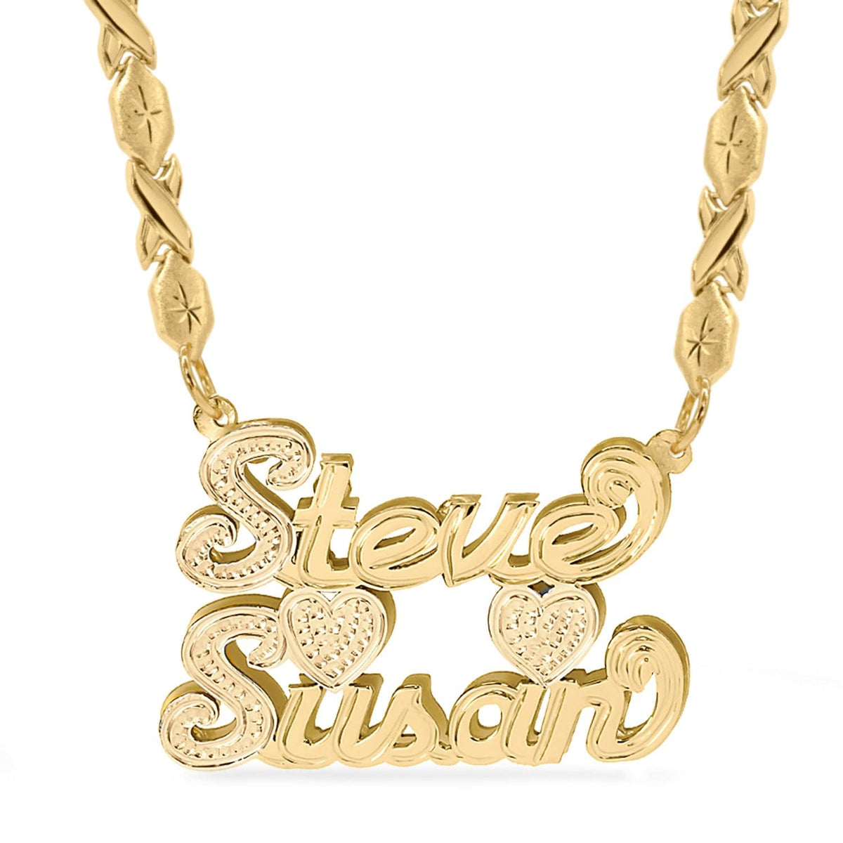 14k Gold over Sterling Silver / Xoxo Chain Double Plated Couples Name Necklace with Xoxo chain