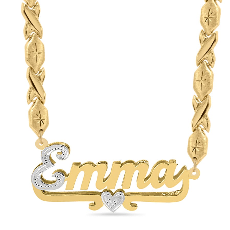 14k Gold over Sterling Silver / Cuban Chain Double Name Necklace w/Beading and Rhodium