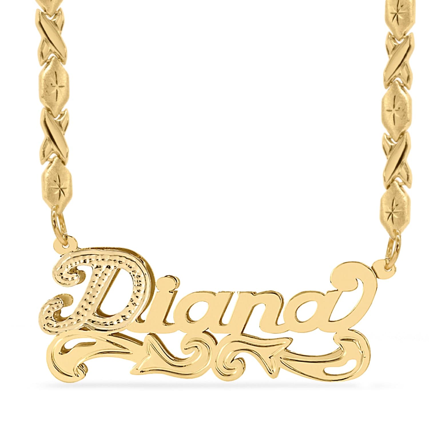 Two-Tone. Sterling Silver / Xoxo Chain Double Plated Nameplate Necklace "Diana" with Xoxo chain