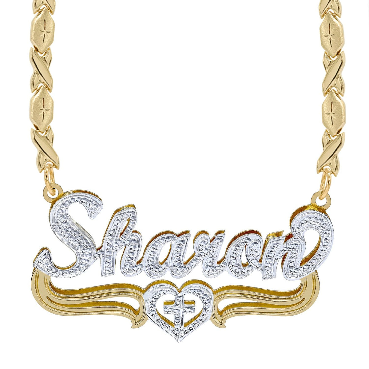 14k Gold over Sterling Silver / Xoxo Chain Double Plated Nameplate Necklace &quot;Sharon&quot; with Xoxo chain