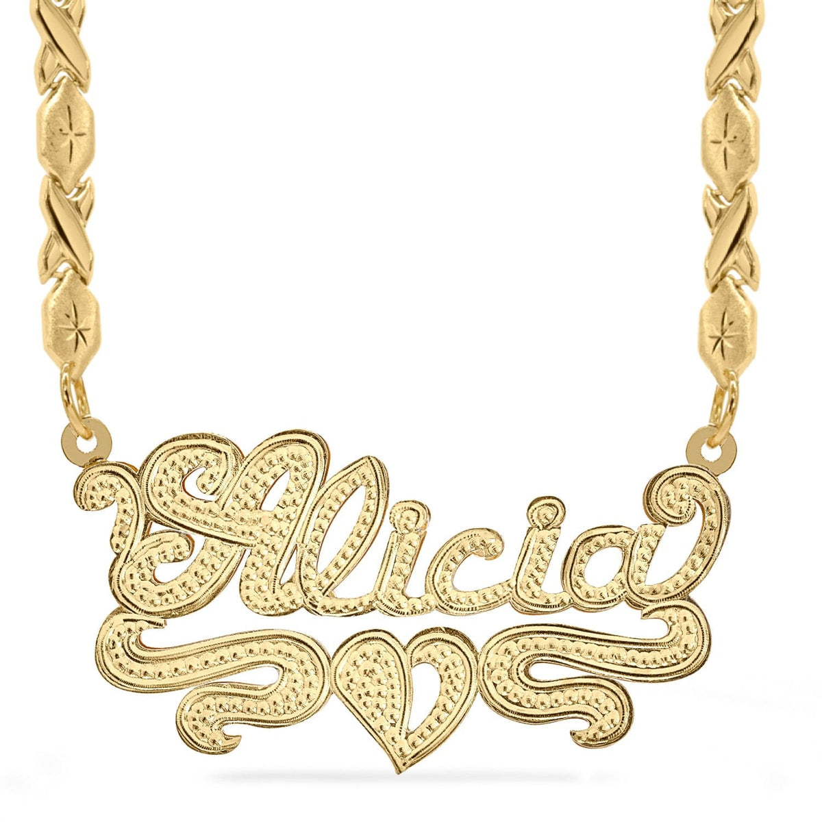 14K Gold over Sterling Silver / Xoxo Chain Rhodium Beaded &quot;Double&quot; Nameplate