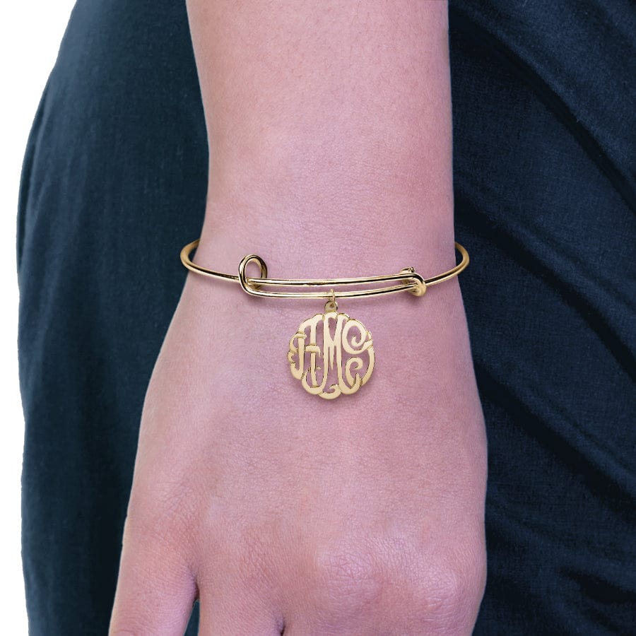 Gold Plated / 0.625" Monogram Pendant Adjustable Monogram Bangle