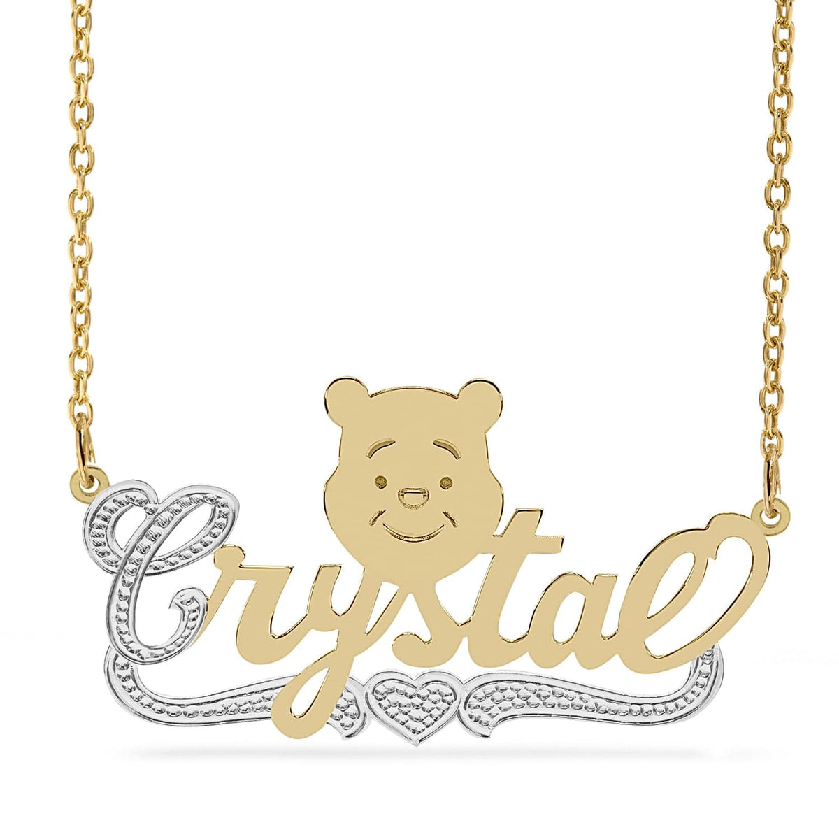 Two-Tone Sterling Silver / Link Chain Cartoon Nameplate Necklace &quot;Crystal&quot;