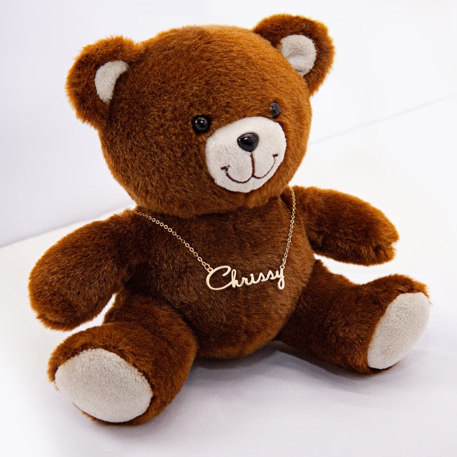 Classic Script / Gold Plated / 5&quot; FREE Teddy Bear Script Name Necklace with FREE Teddy Bear
