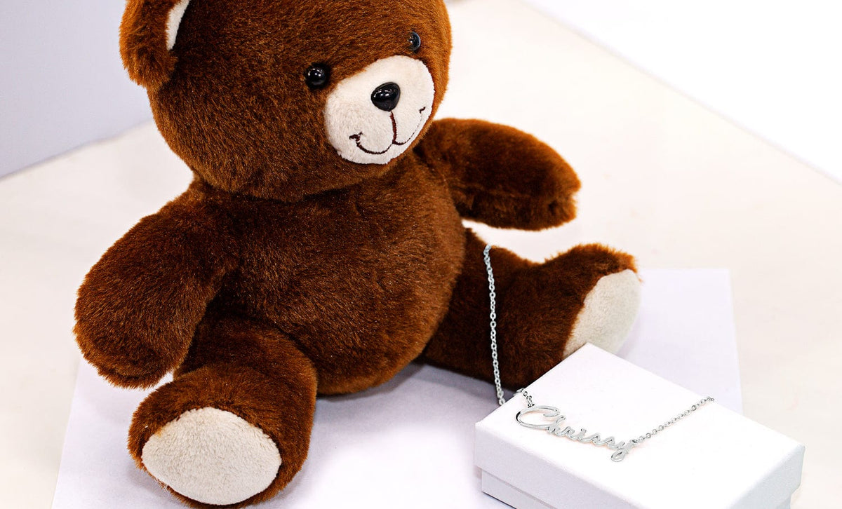 Classic Script / Silver Plated / 5&quot; FREE Teddy Bear Script Name Necklace with FREE Teddy Bear