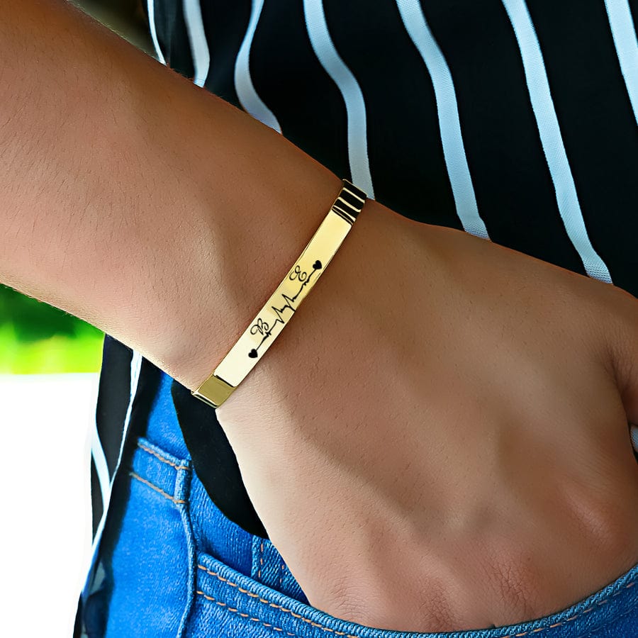 One Bracelet / Gold Plated / Heartbeat and Initials Couple Personalized Bangle