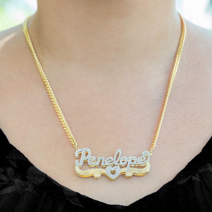Gold Plated / Cuban Chain Double Name Plate with Tail and Heart With Cuban Chain