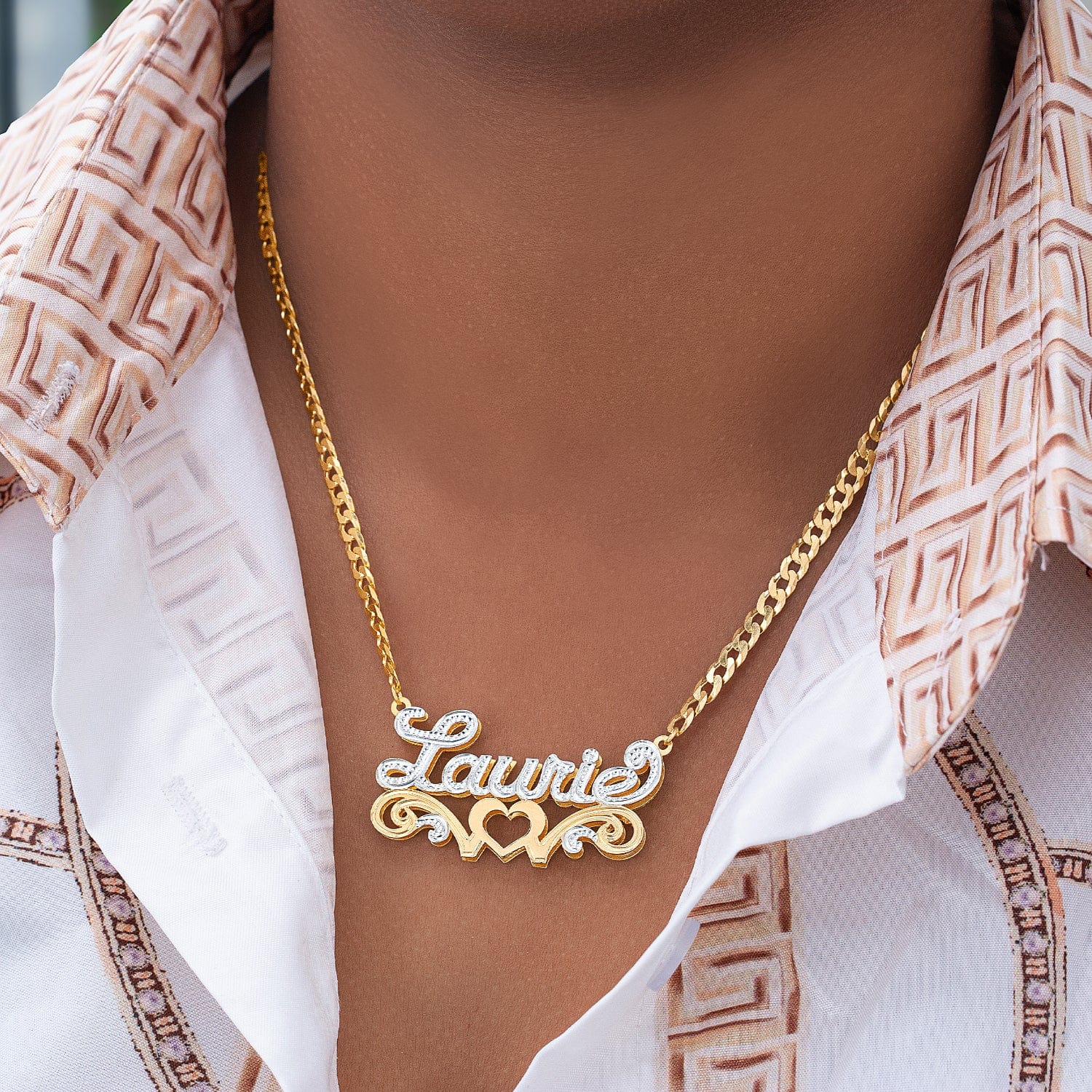 Two-Tone. Sterling Silver / Cuban Chain Copy of Double Nameplate Necklace Laurie