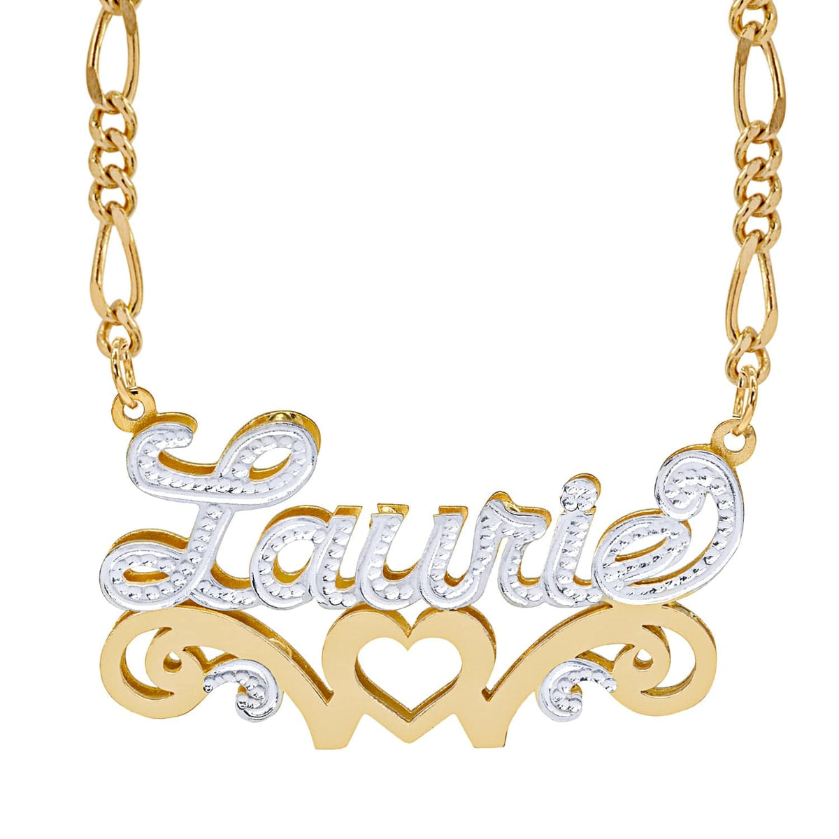 Double Nameplate Necklace w/ Love Heart &quot;Laurie&quot; with Figaro chain