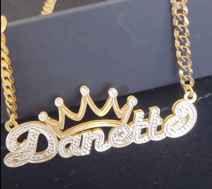 Double Nameplate Necklace with Crown &quot;Leah&quot; with Cuban chain