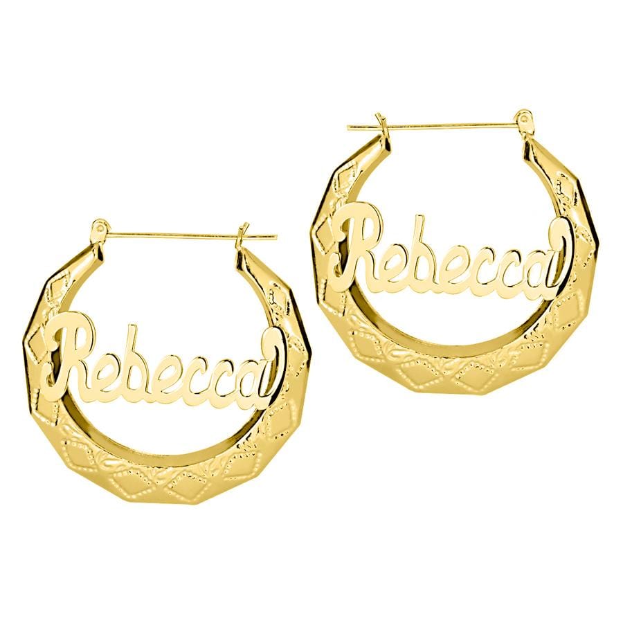 Embossed (Rebecca) / 14K Gold over Sterling Silver Name Hoop Earrings - Classic