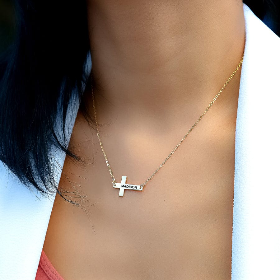 Gold Plated / Link Chain / No Engraved Horizontal Cross Necklace with Bracelet Option
