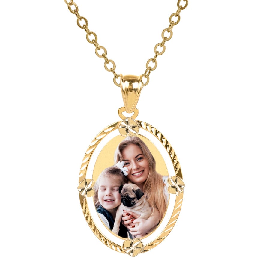 Gold Plated / 16&quot; Link Chain Oval Portrait Pendant with Diamond Cut