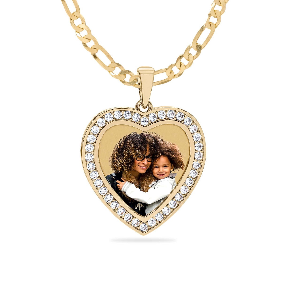 Gold Plated / Figaro Chain Heart Shaped Photo Pendant with Stones