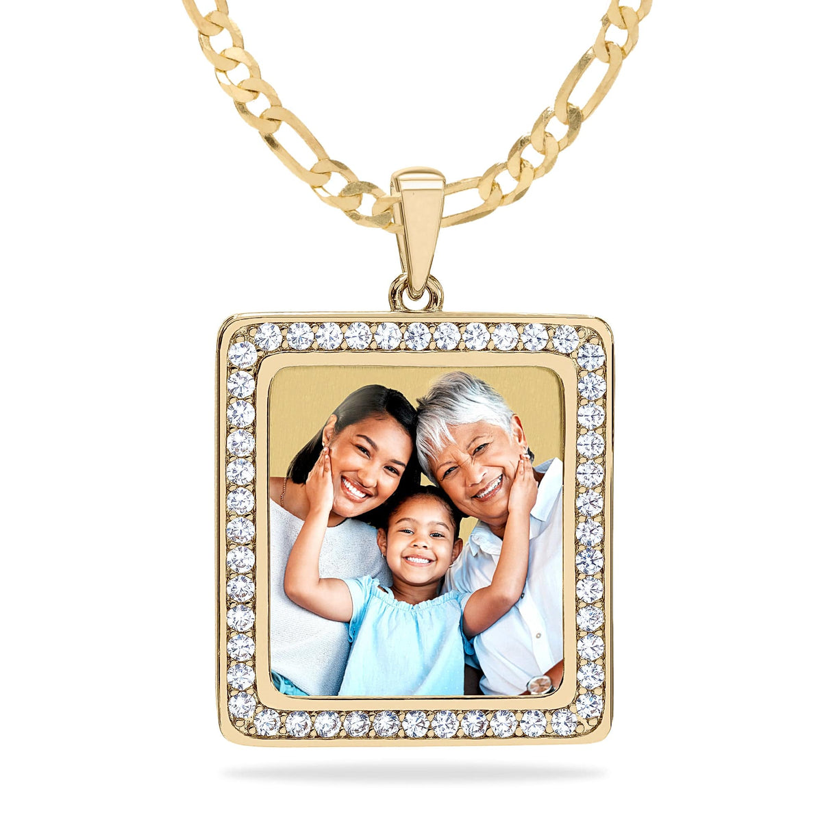 Gold Plated / Figaro Chain Square Photo Pendant with Stones