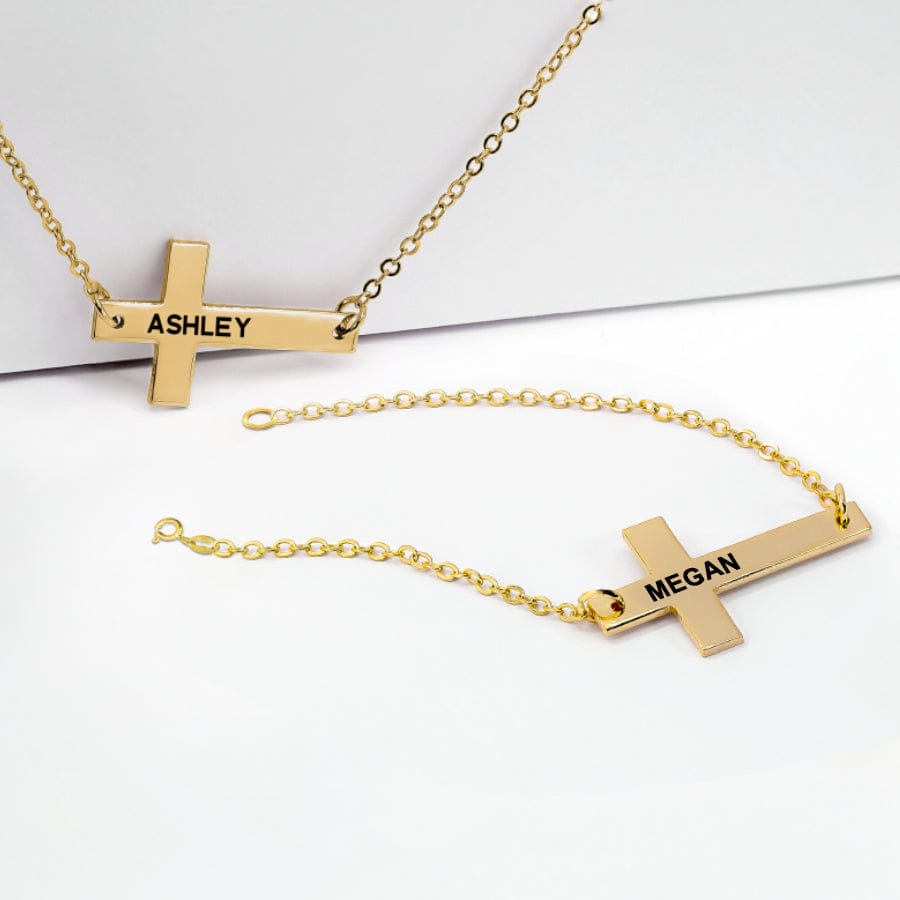Gold Plated / Link Chain / Add a Gold Plated Bracelet Engraved Horizontal Cross Necklace with Bracelet Option