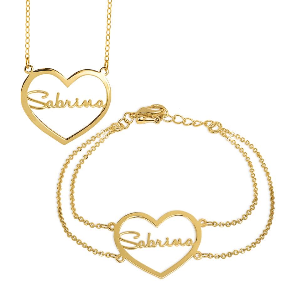 Gold Plated / Link Chain Heart Nameplate Necklace &amp; Bracelet