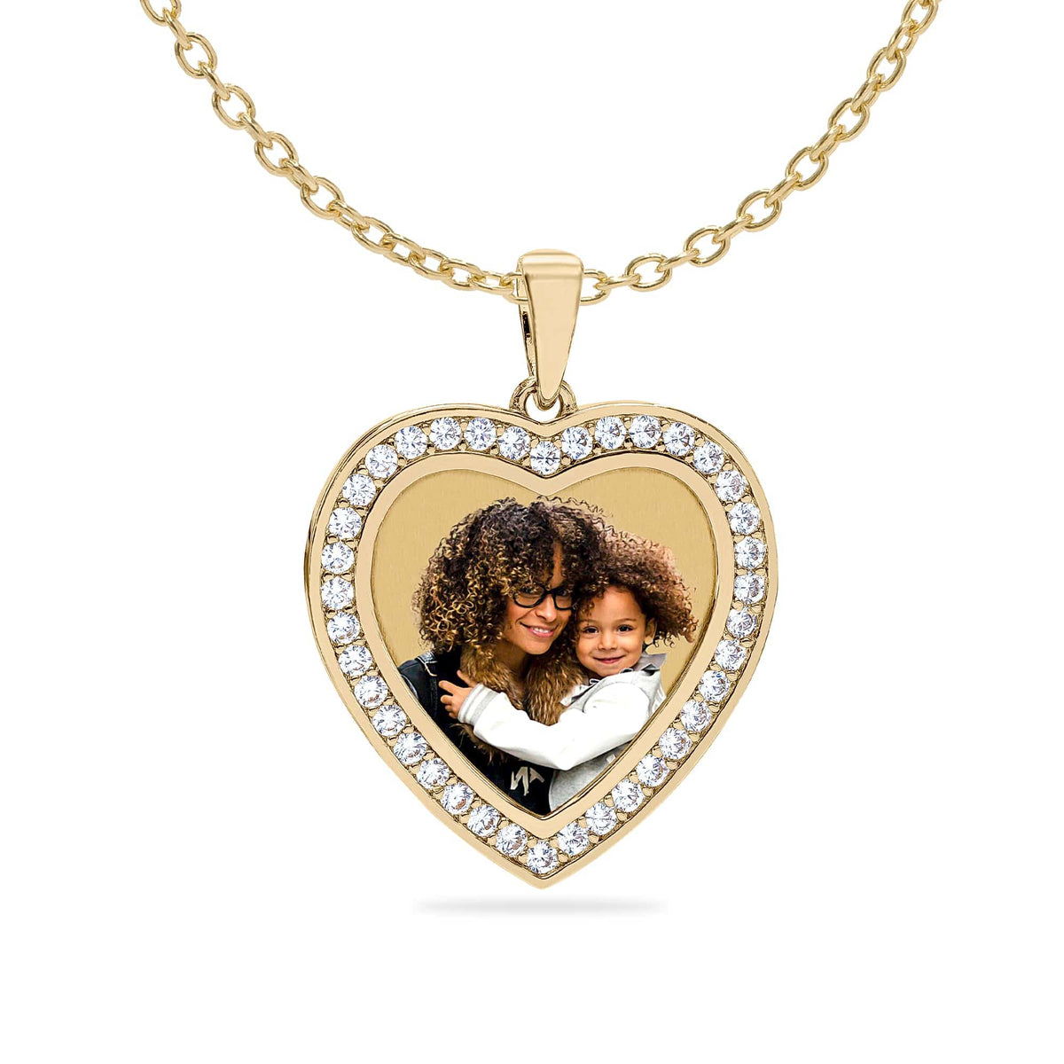 Gold Plated / Link Chain Heart Shaped Photo Pendant with Stones