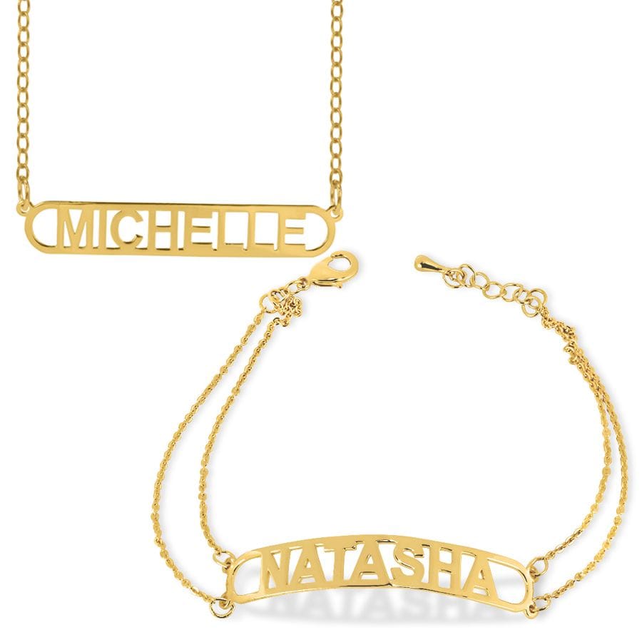 Gold Plated / Link Chain Set of Bar Necklace & Bracelet