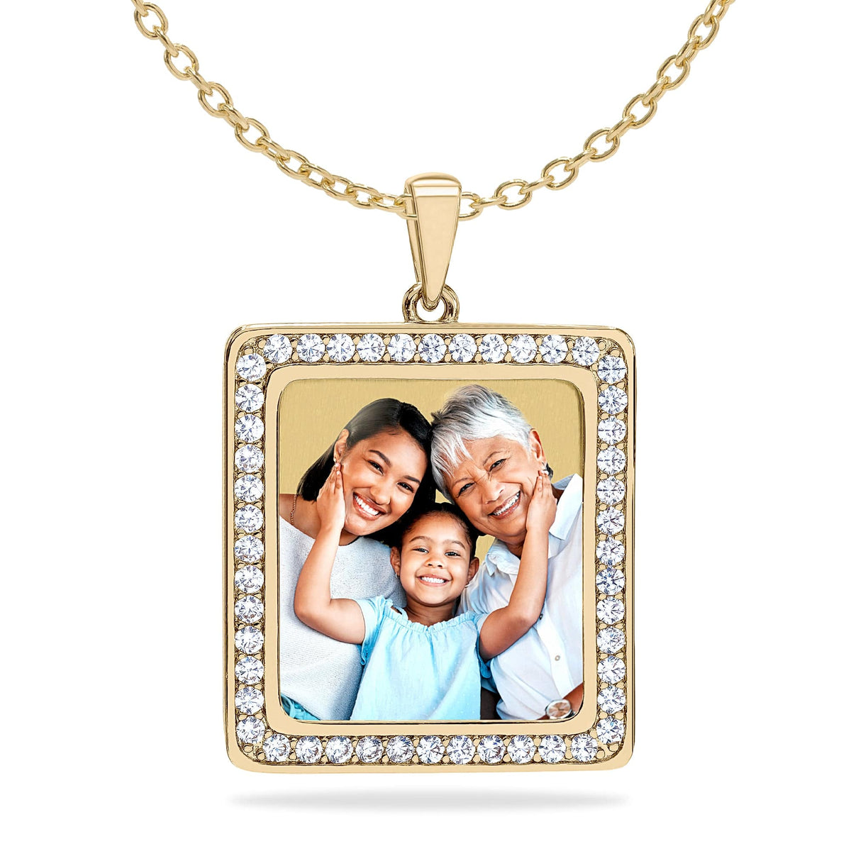 Gold Plated / Link Chain Square Photo Pendant with Stones