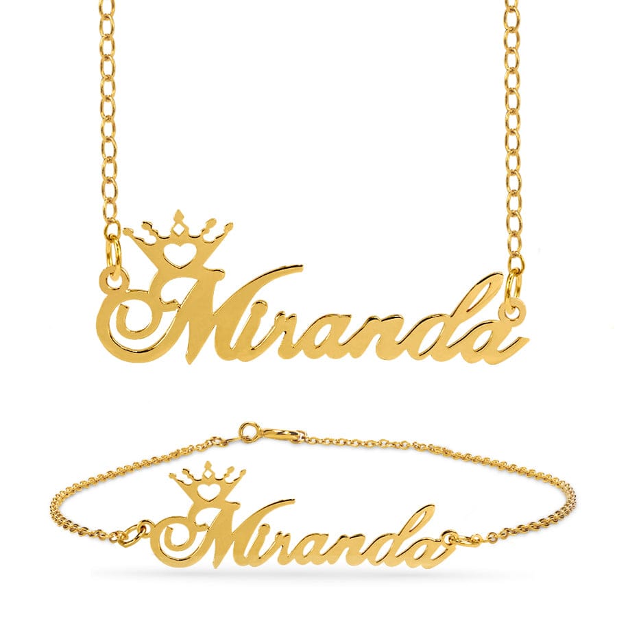 Gold Plated / Link Chain / Yes, Add a Bracelet Personalized Name Crown Necklace