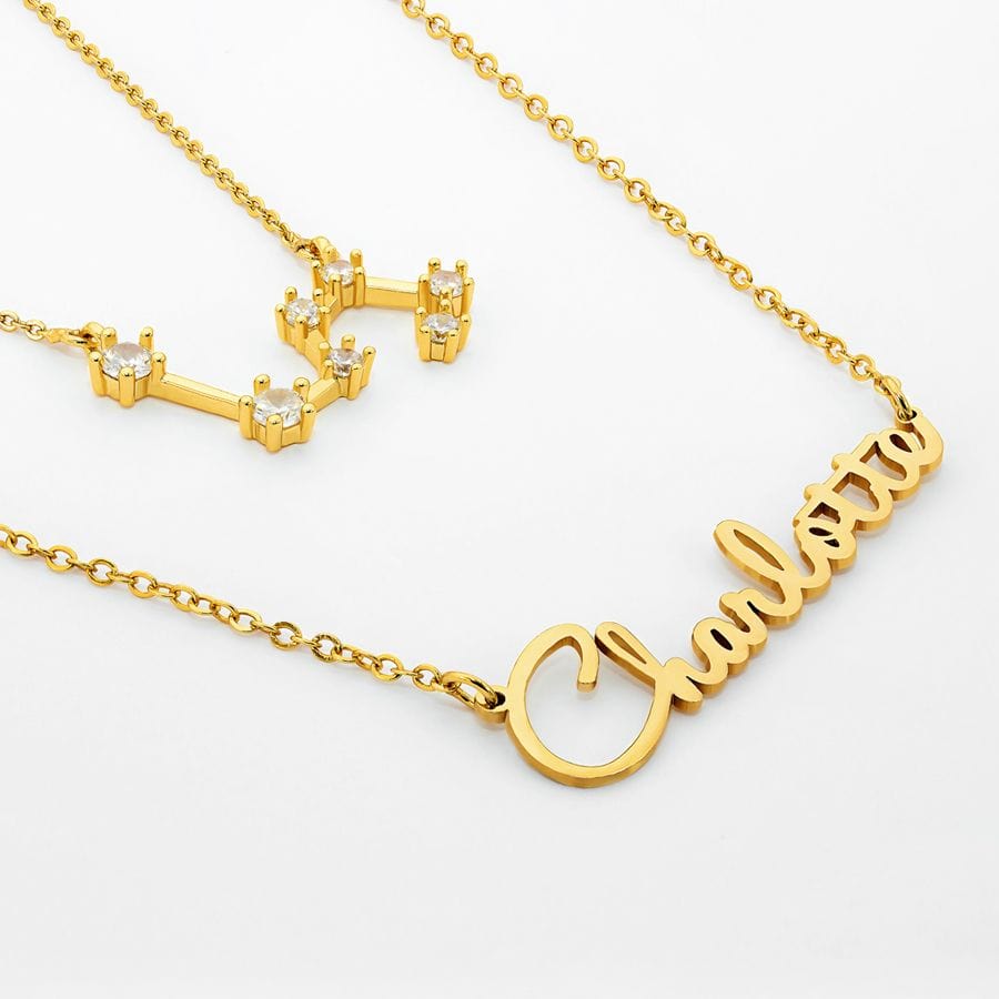 Gold Plated / Link Chain / Yes, Add constellation Necklace Script Name Necklace with Optional Constellation Necklace