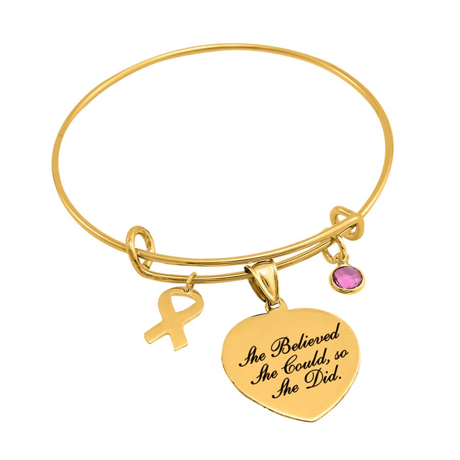 Gold Plated / She Believed She Could So She Did / No Breast Cancer Awareness Heart Bangle