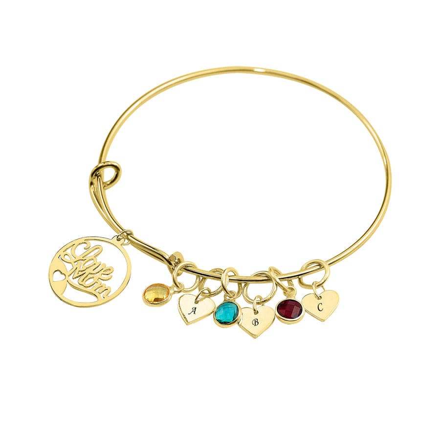 Gold Plated / Two Initials and Two Birthstones / Love Mom Mothers Bangle