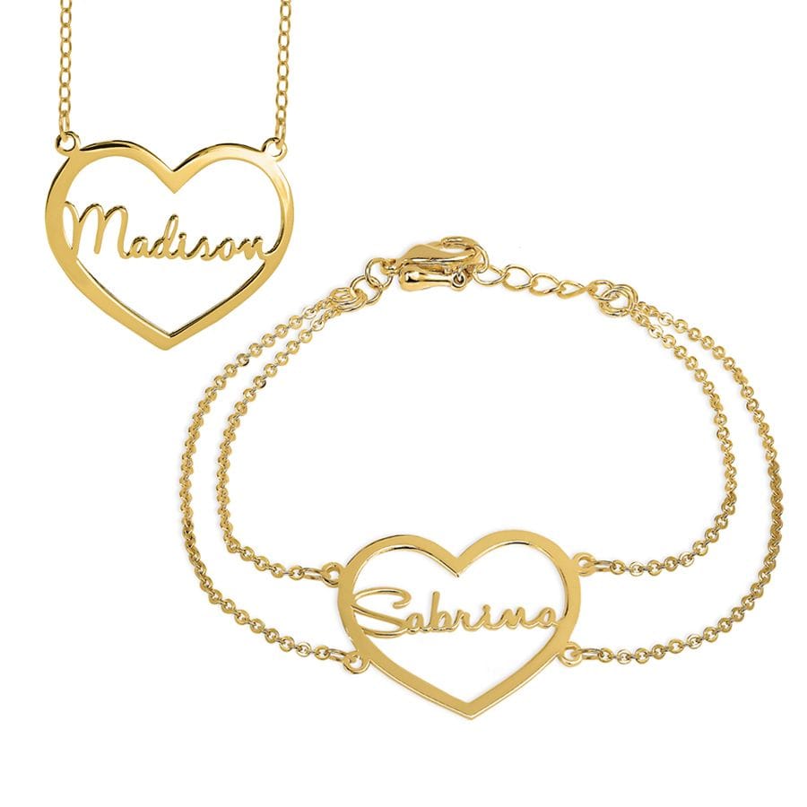Gold Plated / Yes, Add Matching Necklace (+$39.99) Heart Nameplate Bracelet