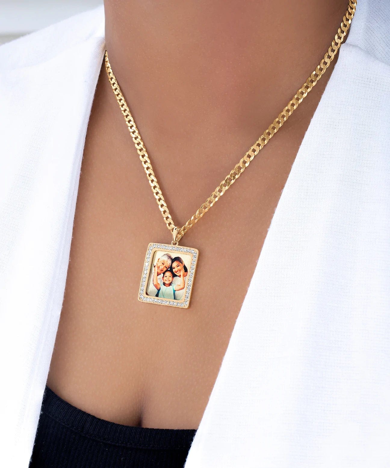 Gold Plated / Cuban Chain Iced Out Square Photo Pendant