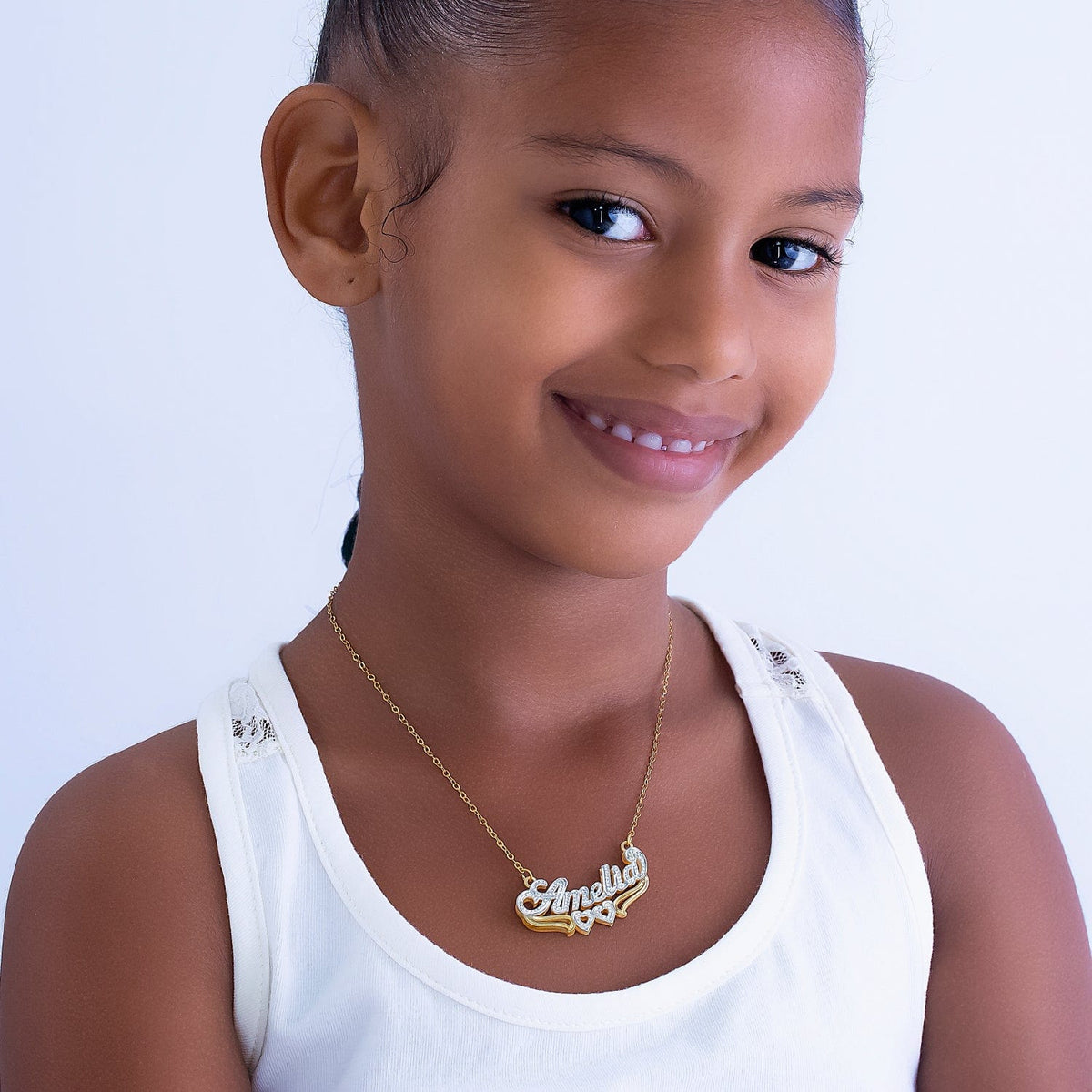 Kids Script Name Necklace with Beading and Rhodium