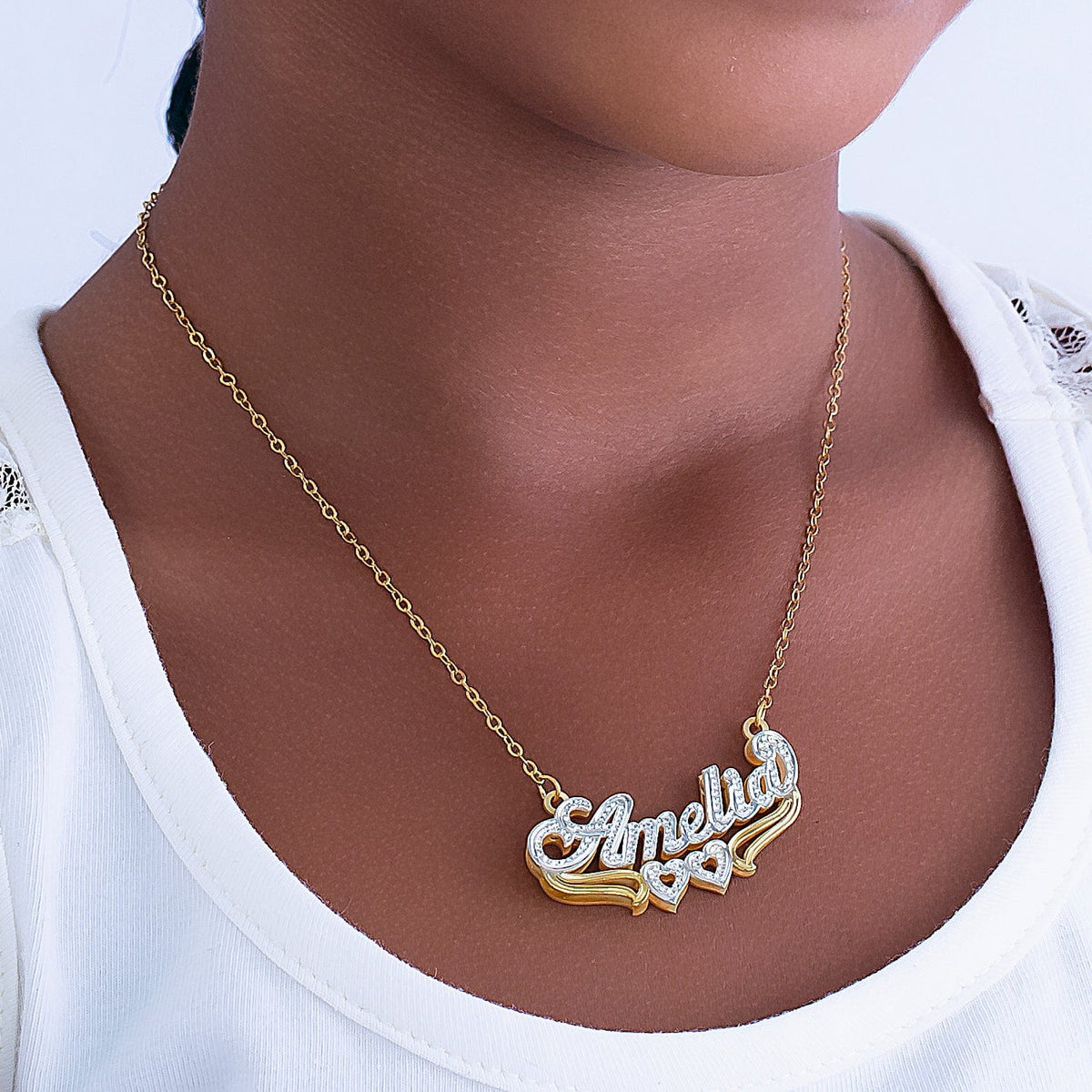 Kids Script Name Necklace with Beading and Rhodium