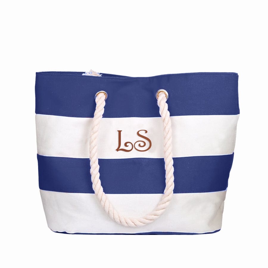 Navy Blue and Ivory Stripes / 2 Initials / No Canvas Water Resistant Beach Tote Bag