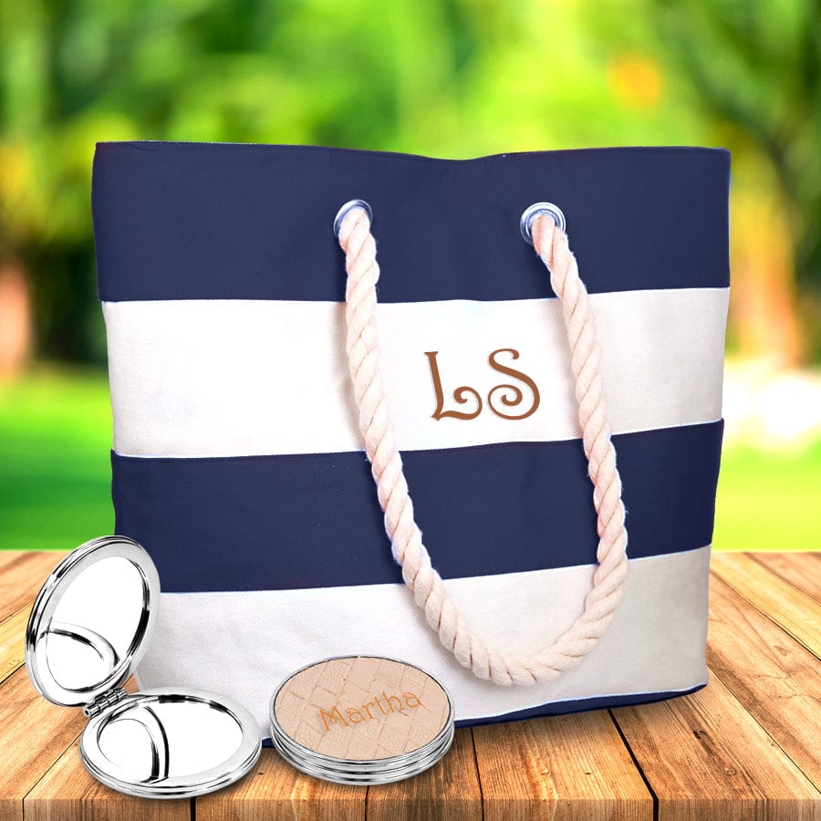 Navy Blue and Ivory Stripes / 2 Initials / Yes, Add Mirror Canvas Water Resistant Beach Tote Bag